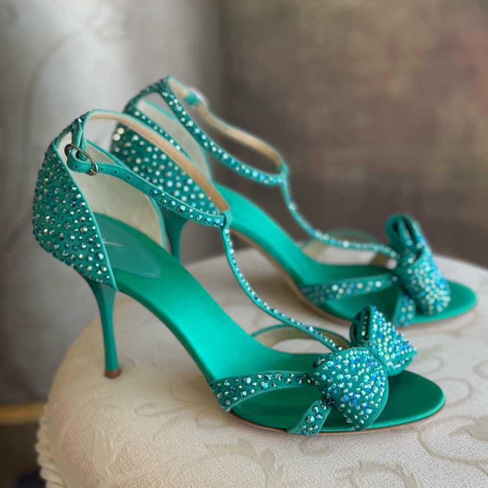 TIFFANY color turquoise rhinestones formal elegant sandals with bow unique heels